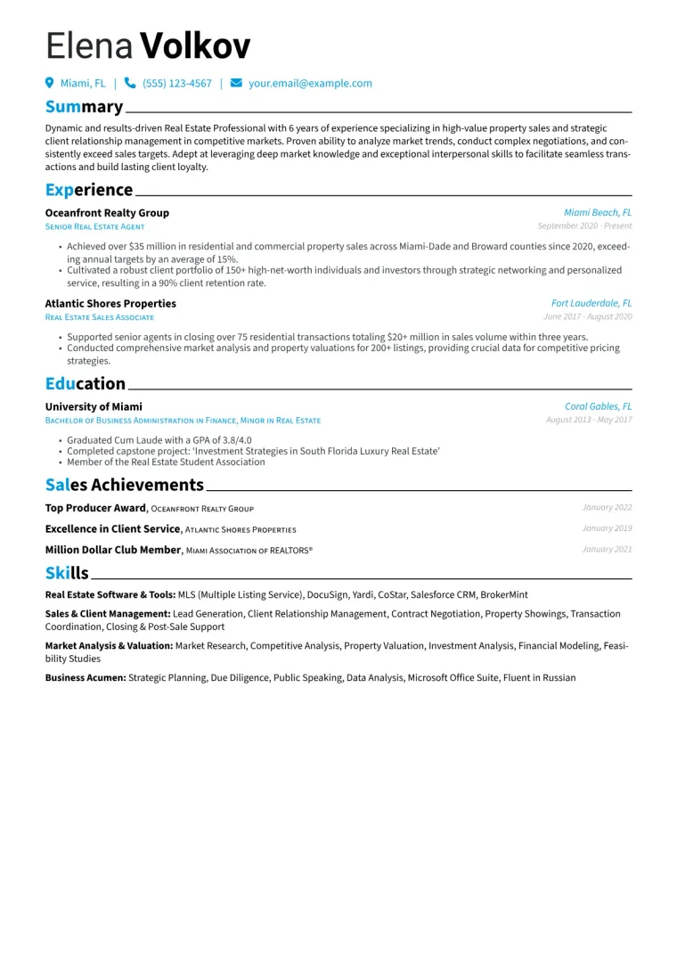 Real Estate Professional Resume Example CV template preview