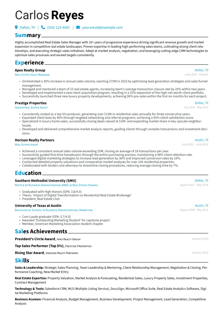 Real Estate Sales Manager Resume Example CV template preview