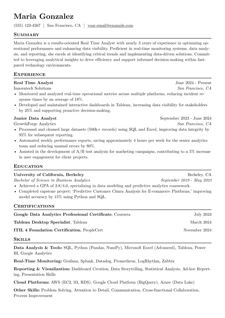 Real Time Analyst Resume Example CV template preview