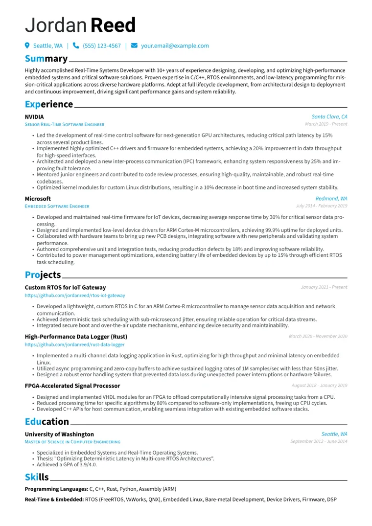 Real-Time Systems Developer Resume Example CV template preview