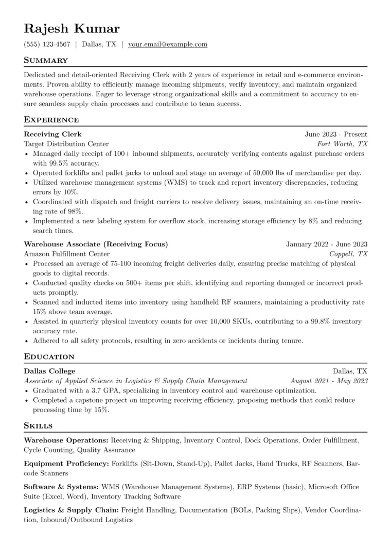 Receiving Clerk Resume Example CV template preview