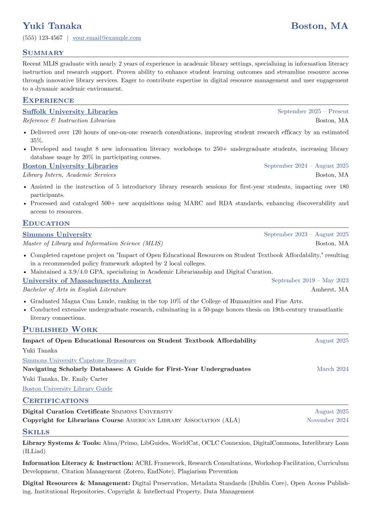 Recent Graduate Academic Librarian Resume Example CV template preview