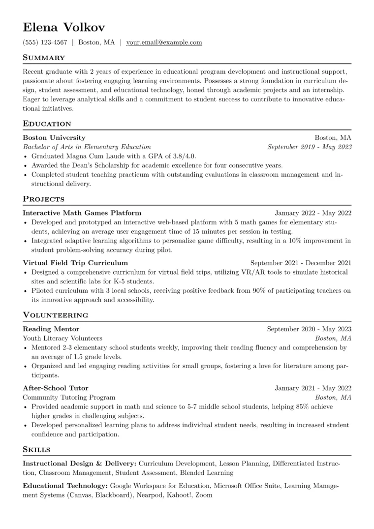 Recent Graduate Resume Example CV template preview
