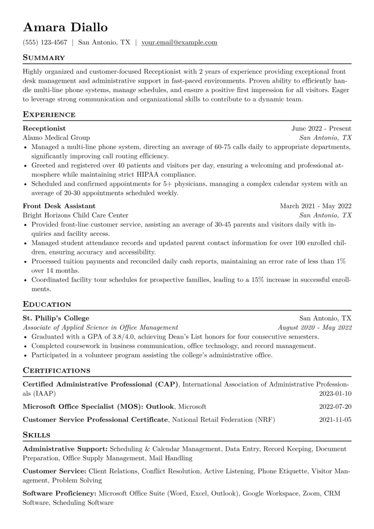 Receptionist Resume Example CV template preview