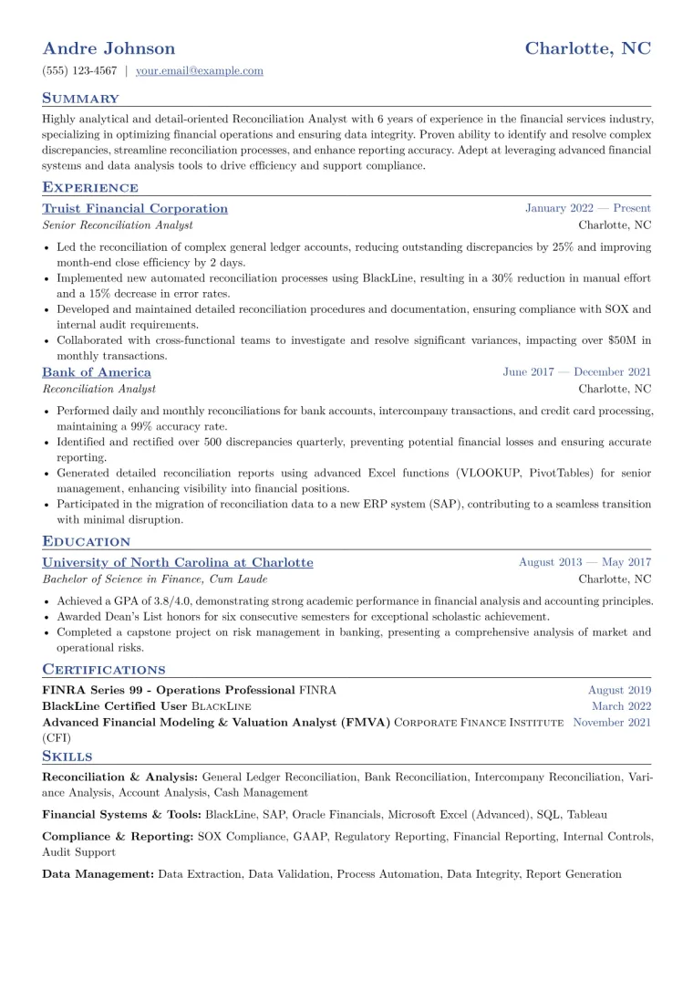 Reconciliation Analyst Resume Example CV template preview