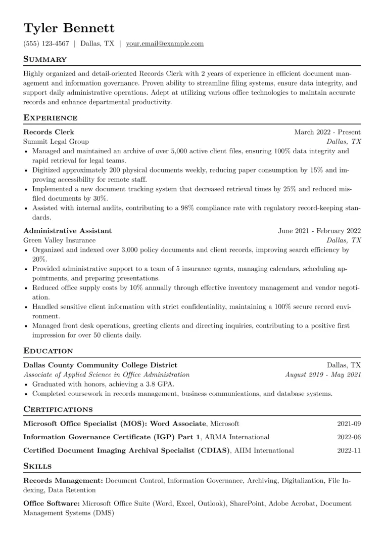 Records Clerk Resume Example CV template preview