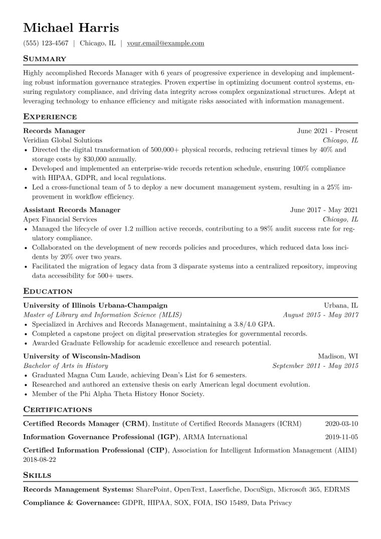 Records Manager Resume Example CV template preview