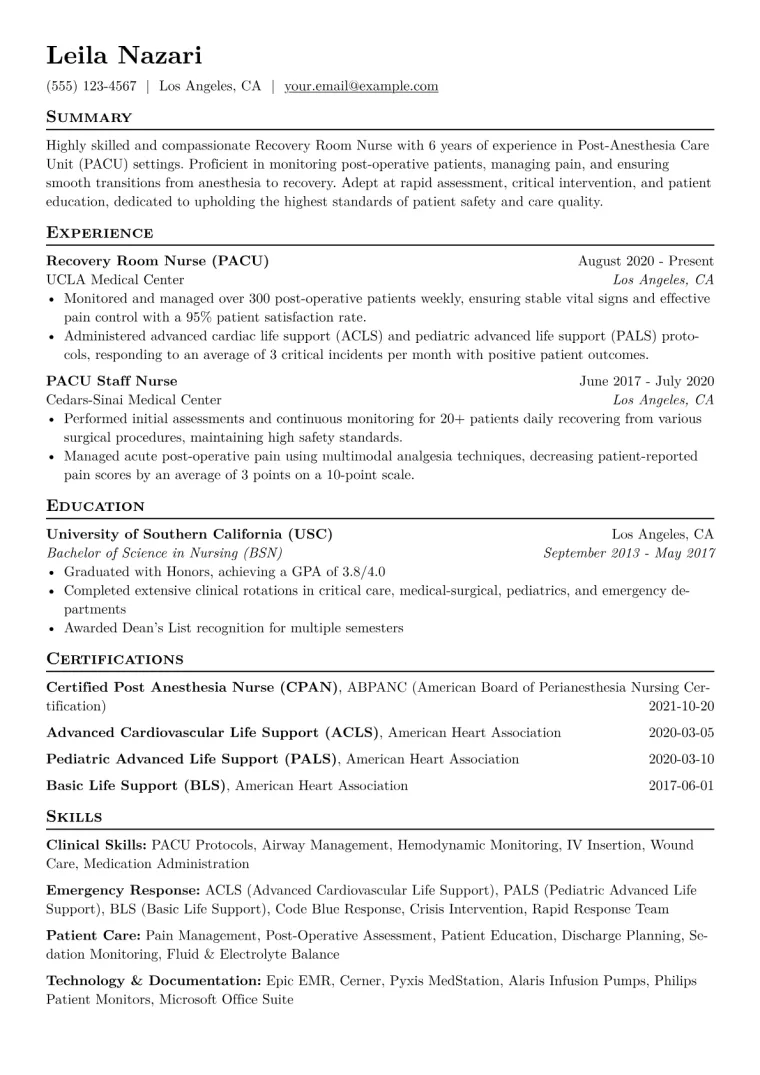Recovery Room Nurse Resume Example CV template preview