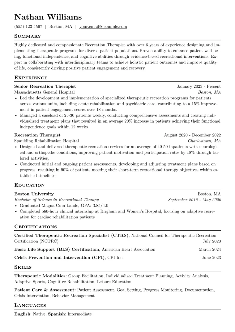 Recreation Therapist Resume Example CV template preview