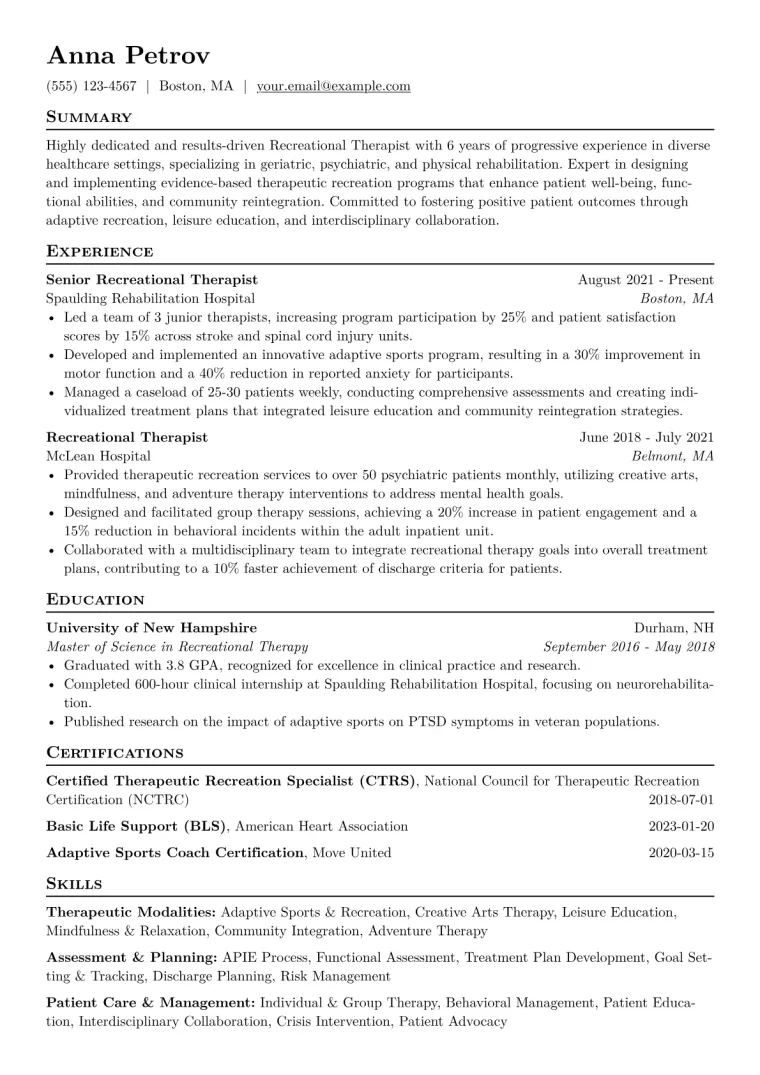 Recreational Therapist Resume Example CV template preview