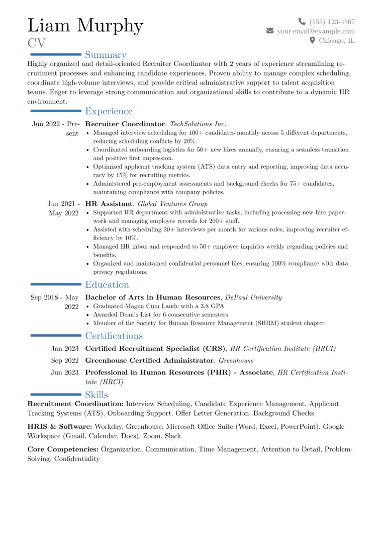 Recruiter Coordinator Resume Example CV template preview