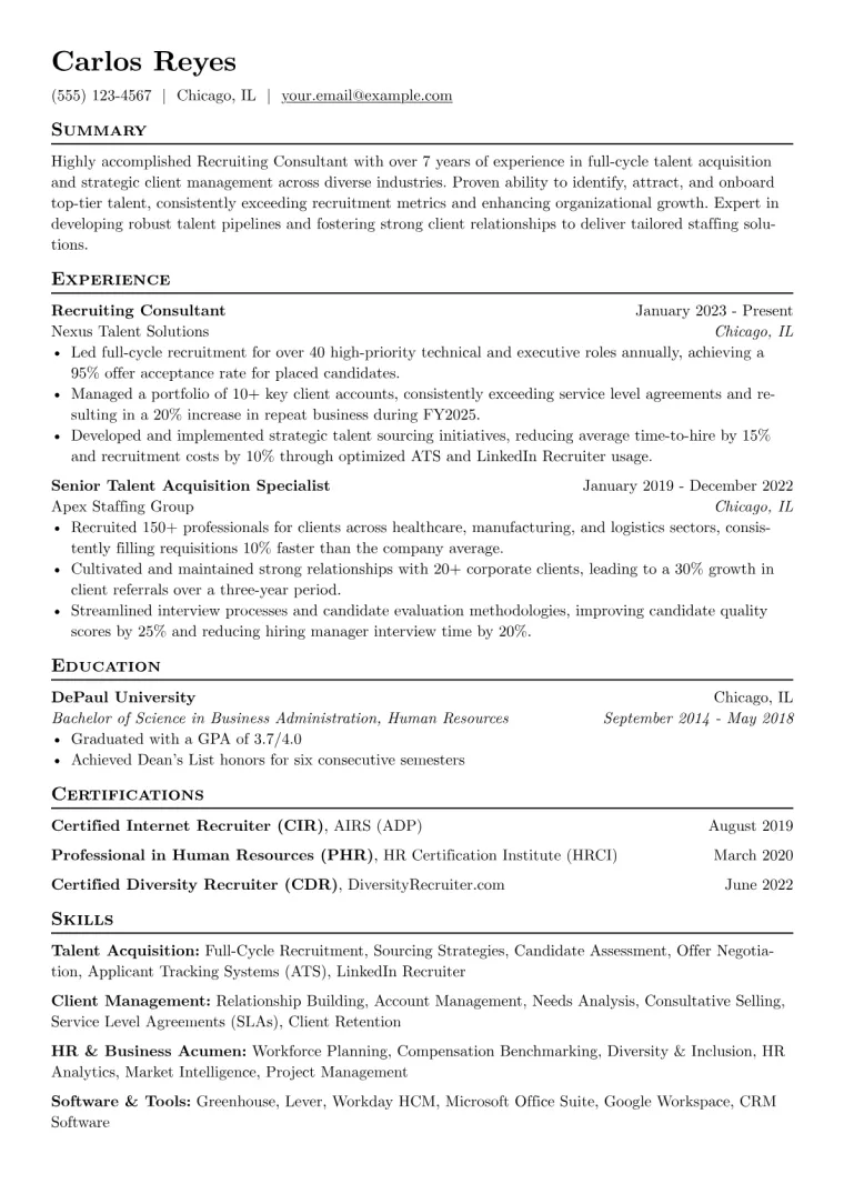 Recruiting Consultant Resume Example CV template preview