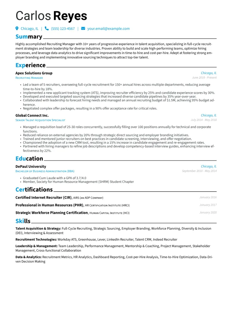 Recruiting Manager Resume Example CV template preview