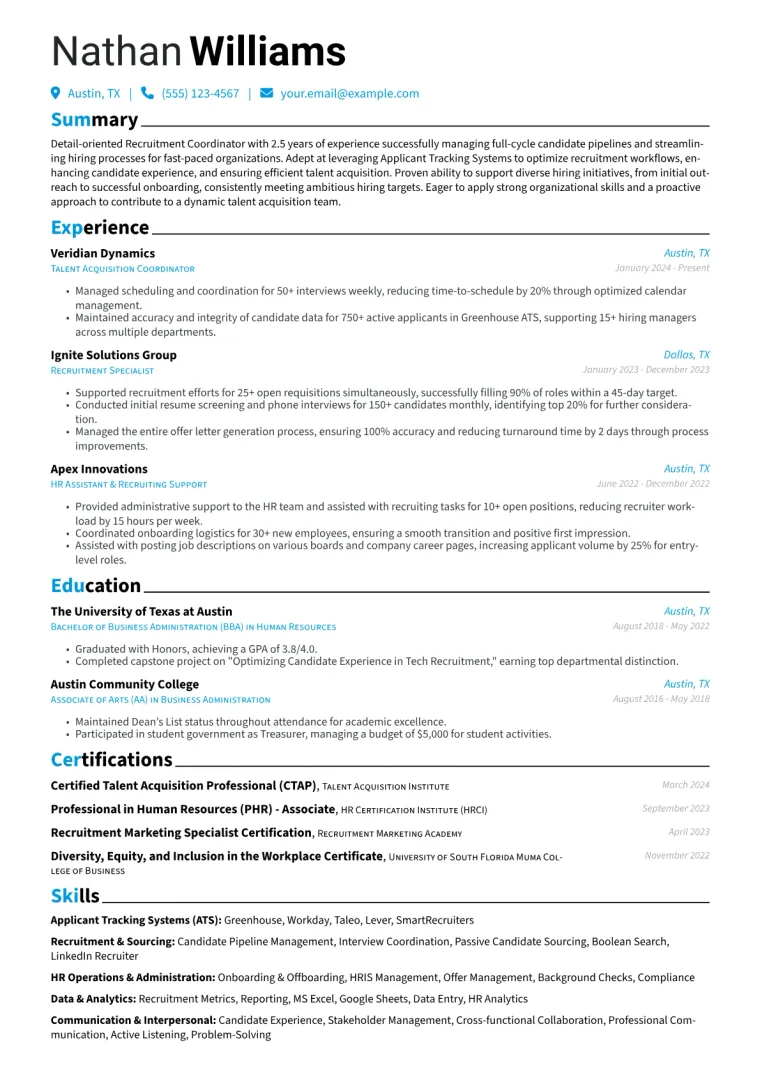 Recruitment Coordinator Resume Example CV template preview