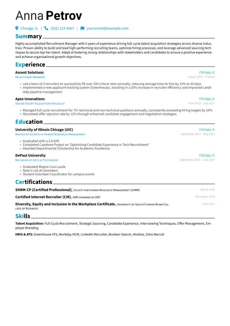 Recruitment Manager Resume Example CV template preview