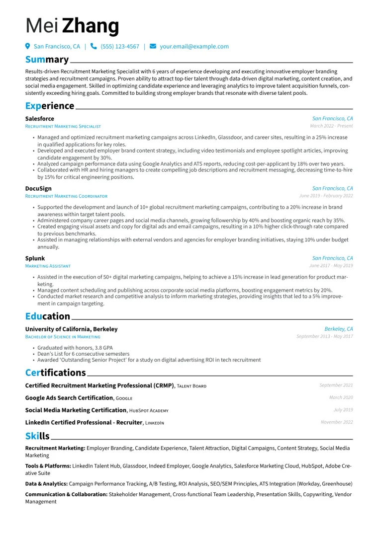Recruitment Marketing Specialist Resume Example CV template preview