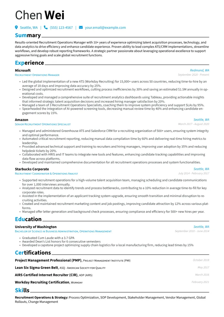 Recruitment Operations Manager Resume Example CV template preview