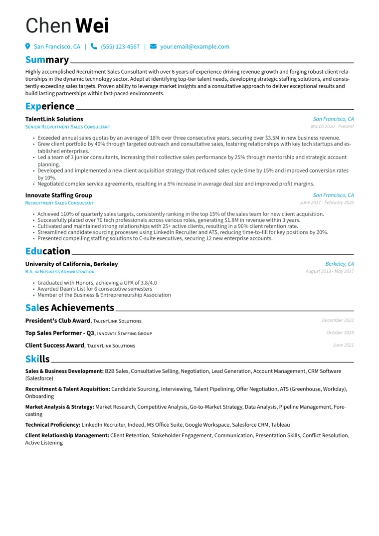Recruitment Sales Consultant Resume Example CV template preview