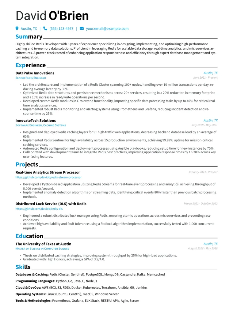 Redis Developer Resume Example CV template preview
