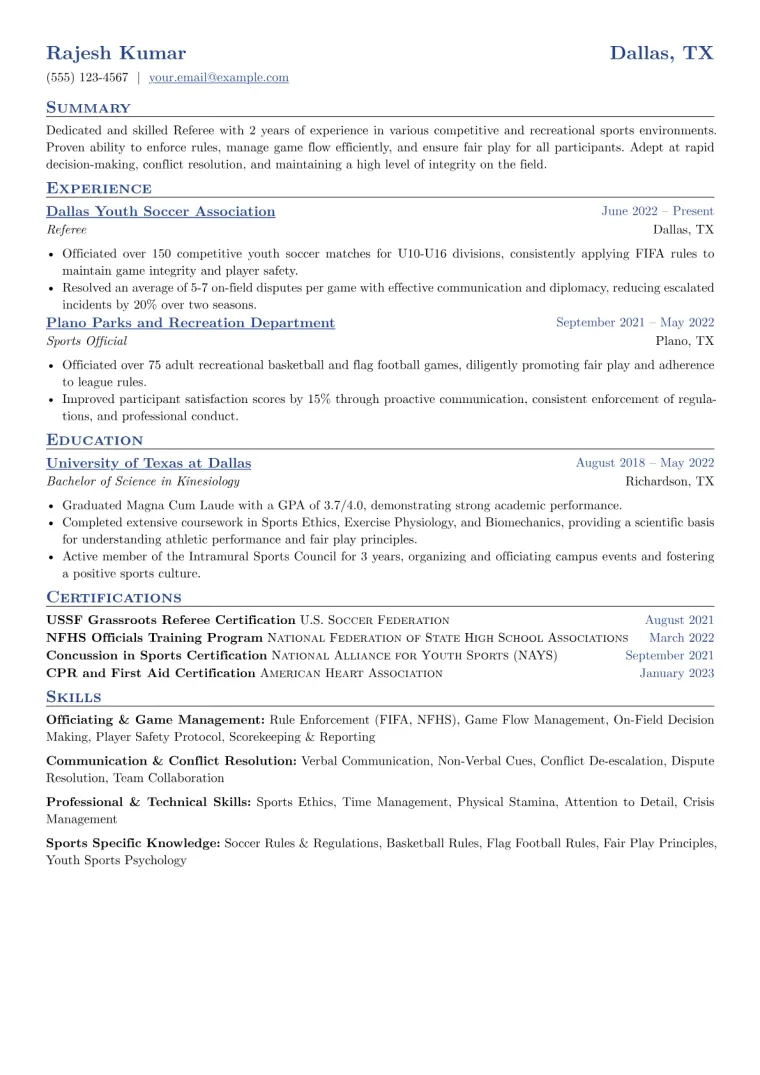 Referee Resume Example CV template preview