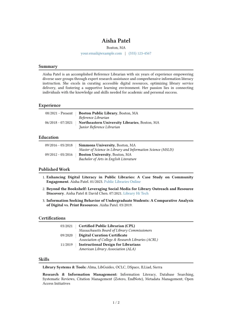 Reference Librarian Resume Example CV template preview