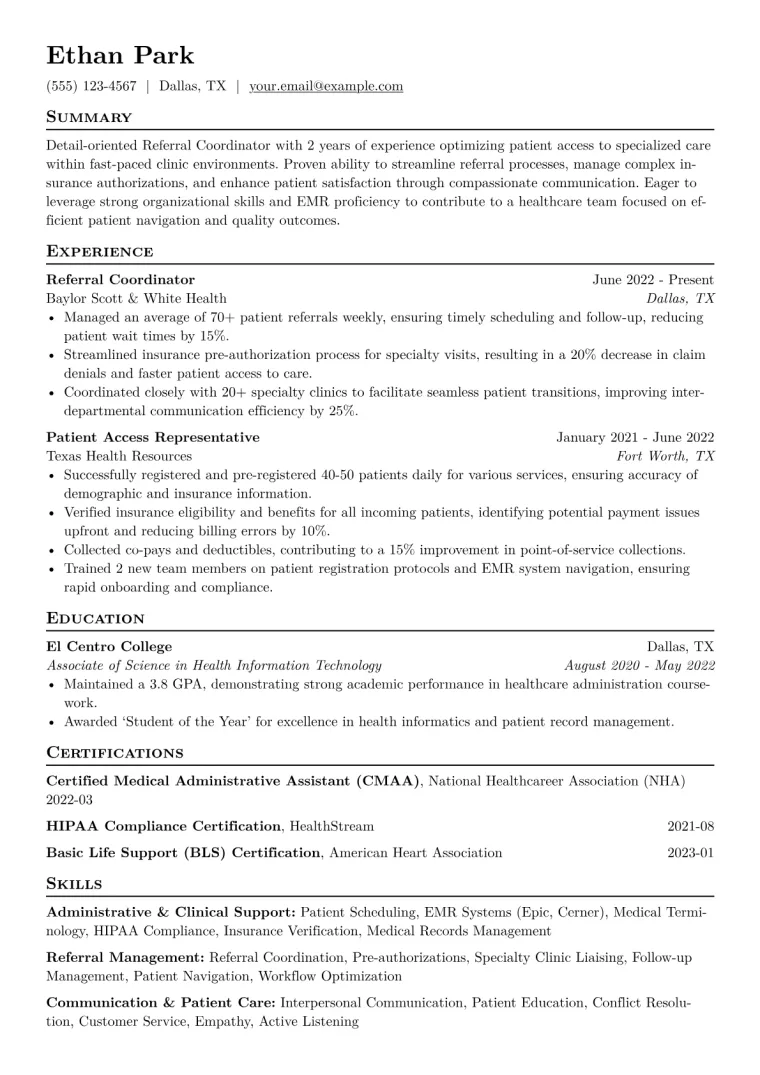 Referral Coordinator Resume Example CV template preview