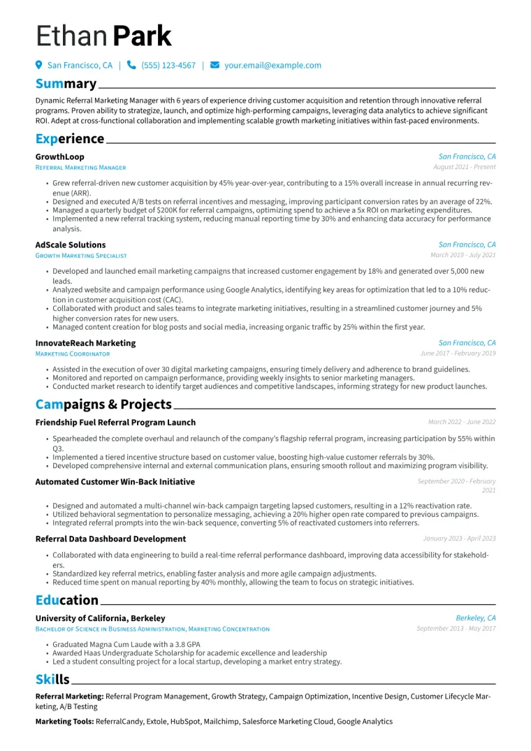Referral Marketing Manager Resume Example CV template preview
