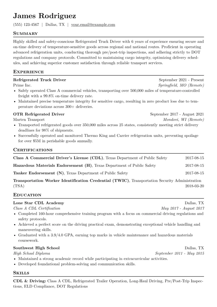 Refrigerated Truck Driver Resume Example CV template preview