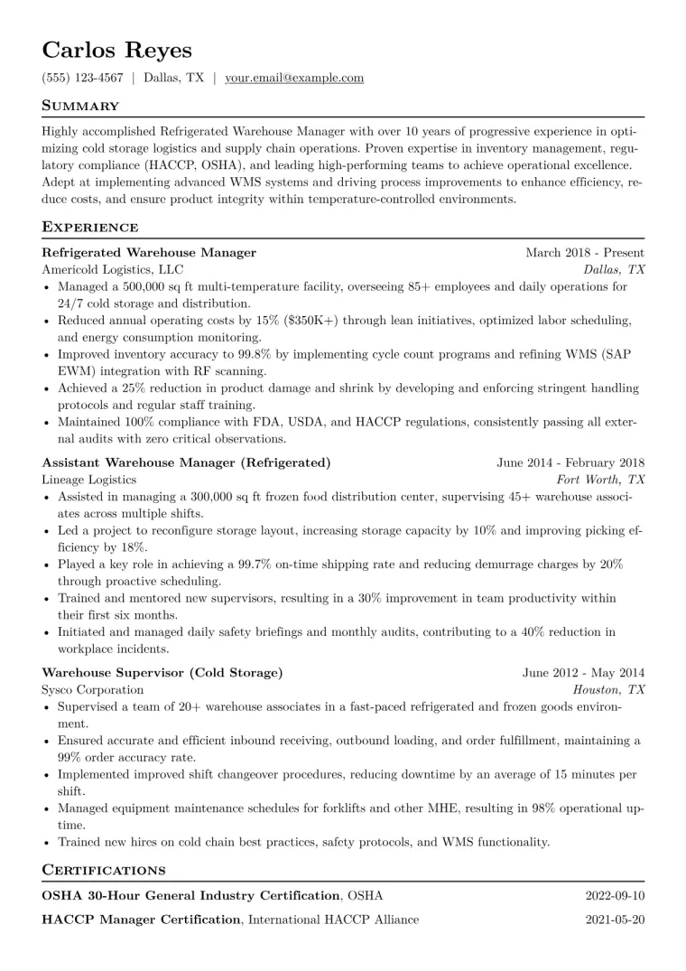 Refrigerated Warehouse Manager Resume Example CV template preview