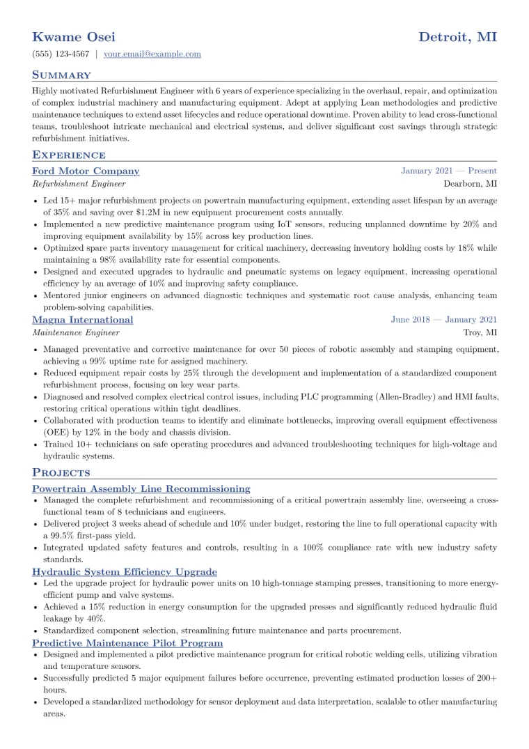 Refurbishment Engineer Resume Example CV template preview