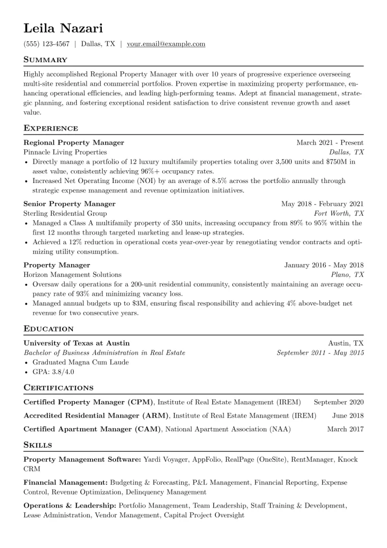 Regional Property Manager Resume Example CV template preview