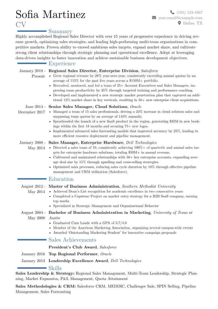 Regional Sales Director Resume Example CV template preview
