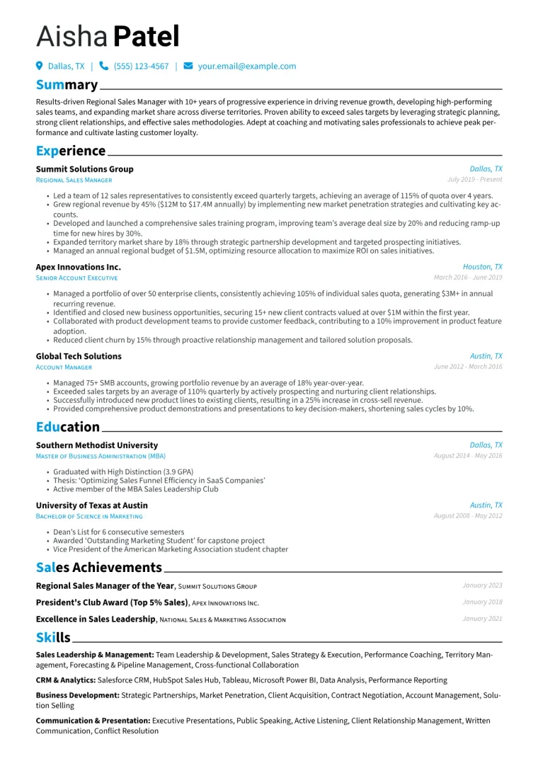 Regional Sales Manager Resume Example CV template preview