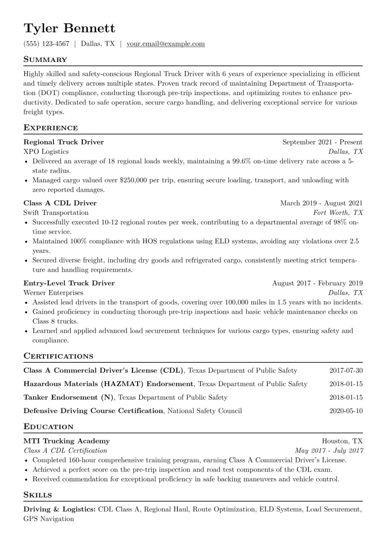Regional Truck Driver Resume Example CV template preview