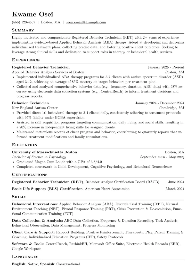 Registered Behavior Technician Resume Example CV template preview