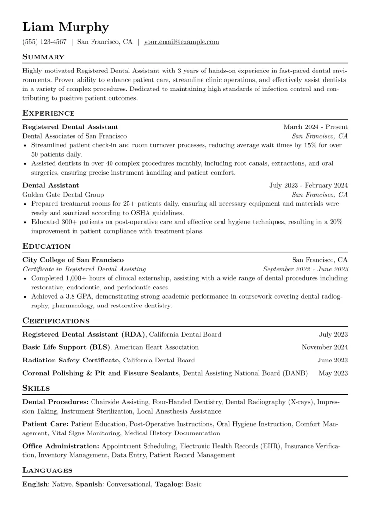 Registered Dental Assistant Resume Example CV template preview