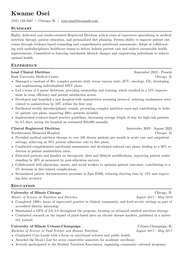 Registered Dietitian Resume Example CV template preview