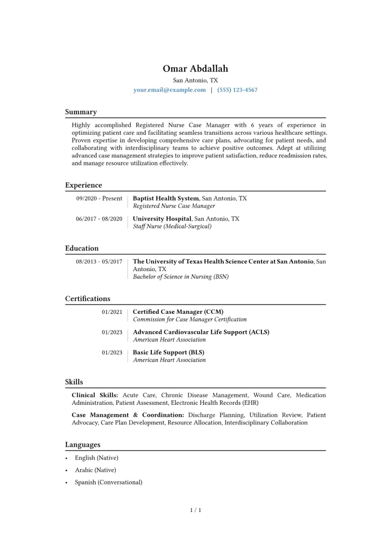 Registered Nurse Case Manager Resume Example CV template preview