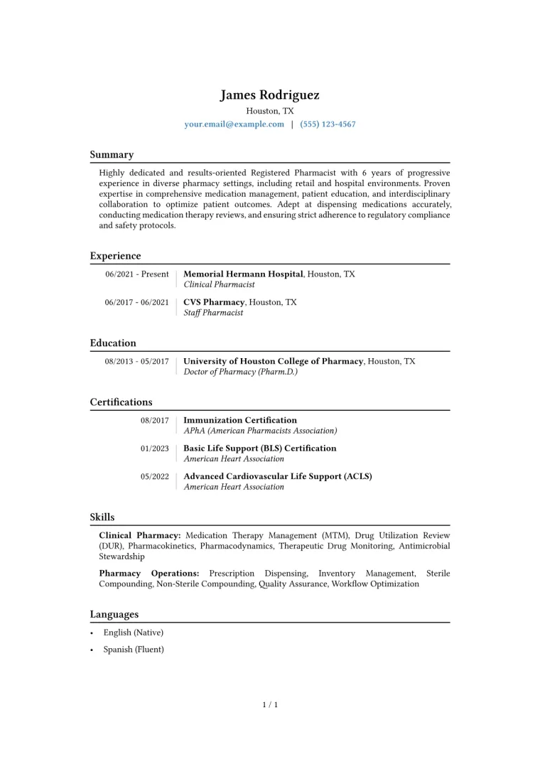 Registered Pharmacist Resume Example CV template preview