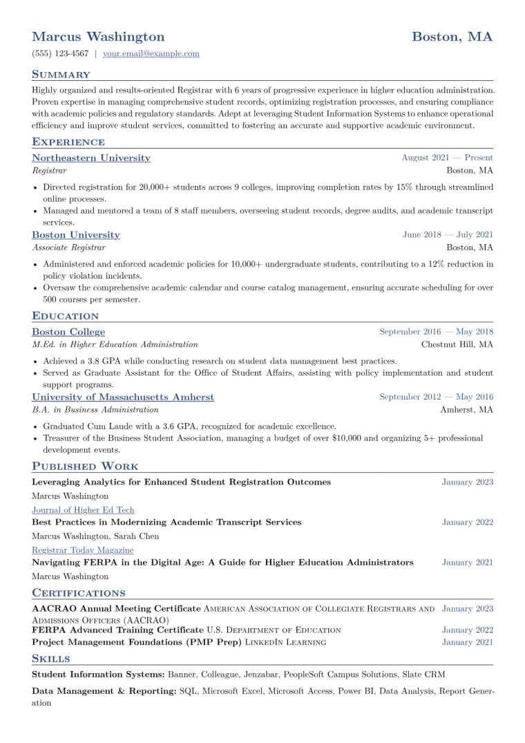 Registrar Resume Example CV template preview