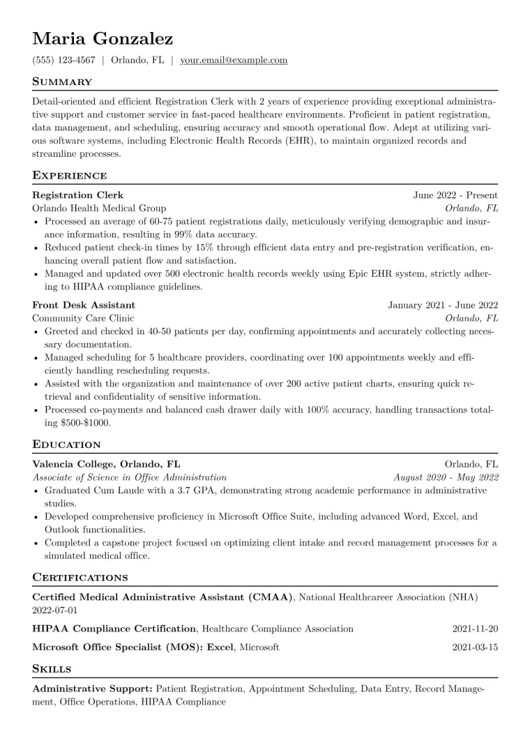Registration Clerk Resume Example CV template preview