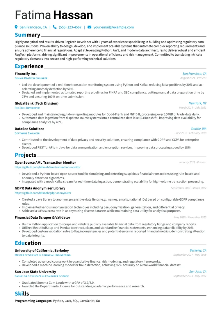 RegTech Developer Resume Example CV template preview