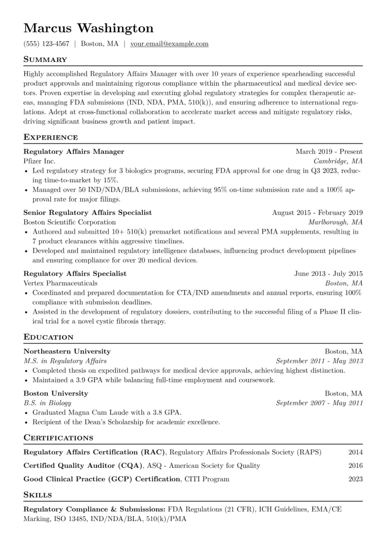 Regulatory Affairs Manager Healthcare Resume Example CV template preview