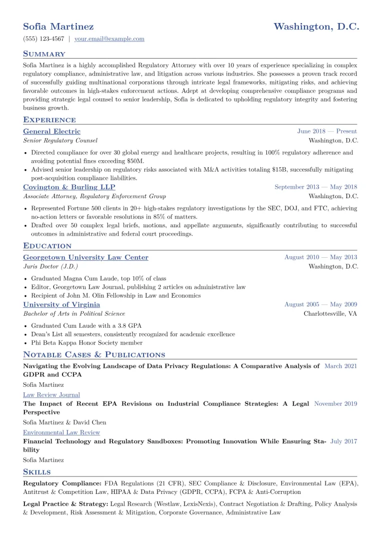 Regulatory Attorney Resume Example CV template preview