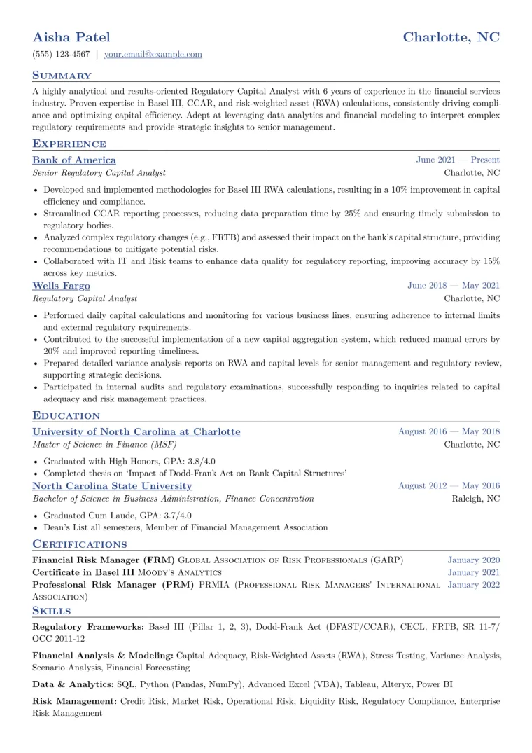 Regulatory Capital Analyst Resume Example CV template preview