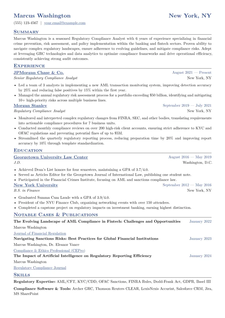 Regulatory Compliance Analyst Resume Example CV template preview