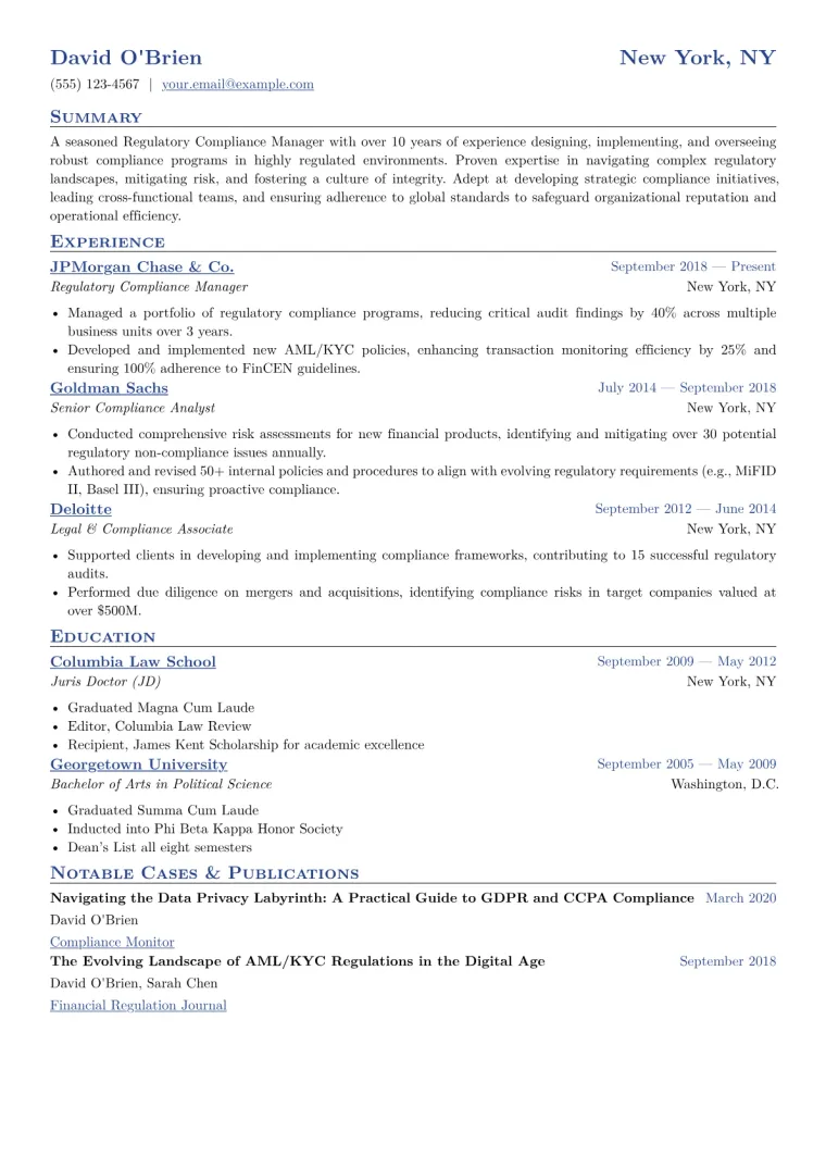 Regulatory Compliance Manager Resume Example CV template preview