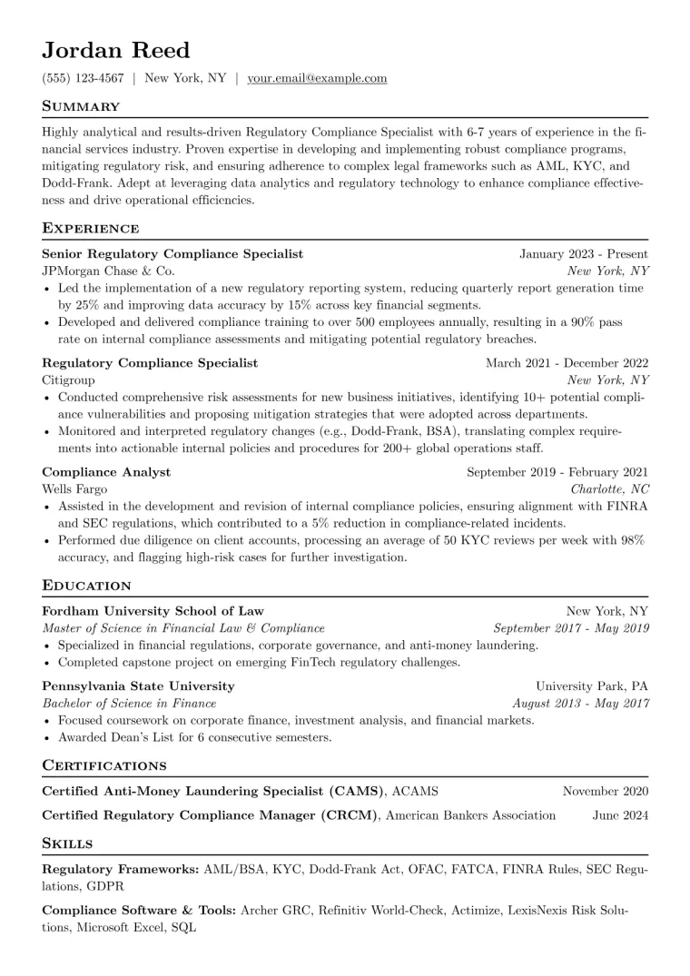Regulatory Compliance Specialist Resume Example CV template preview