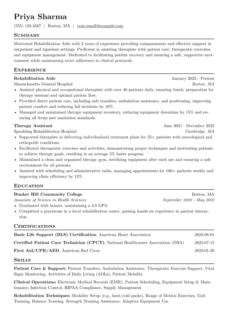 Rehabilitation Aide Resume Example CV template preview