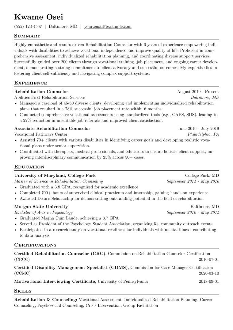 Rehabilitation Counselor Resume Example CV template preview